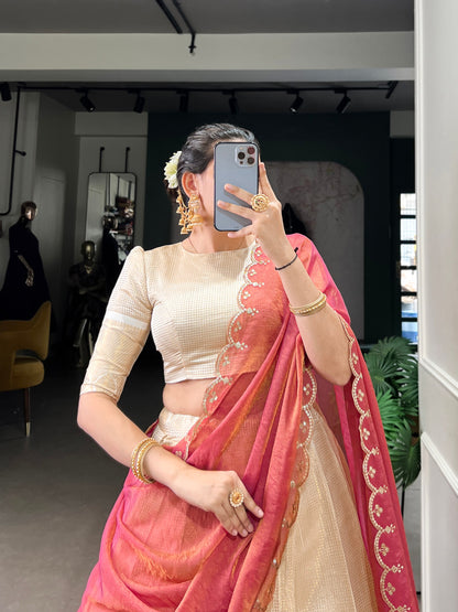 Pink Pure Jacquard Chex With Rich Zari Weaving Work South Indian Lehenga Choli