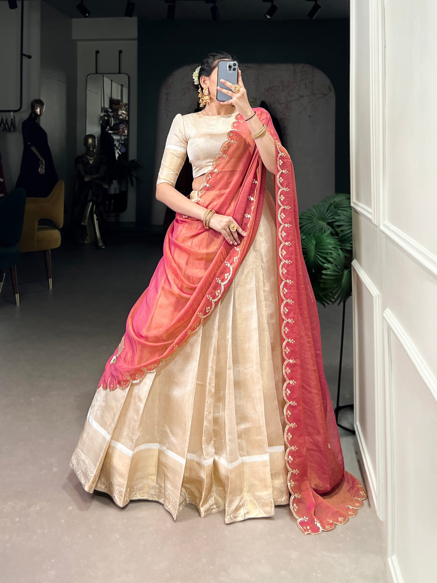 Pink Pure Jacquard Chex With Rich Zari Weaving Work South Indian Lehenga Choli