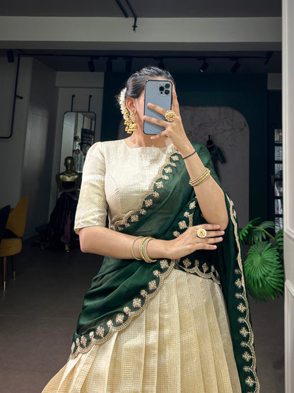 Green Pure Jacquard Chex With Rich Zari Weaving Work South Indian Lehenga Choli