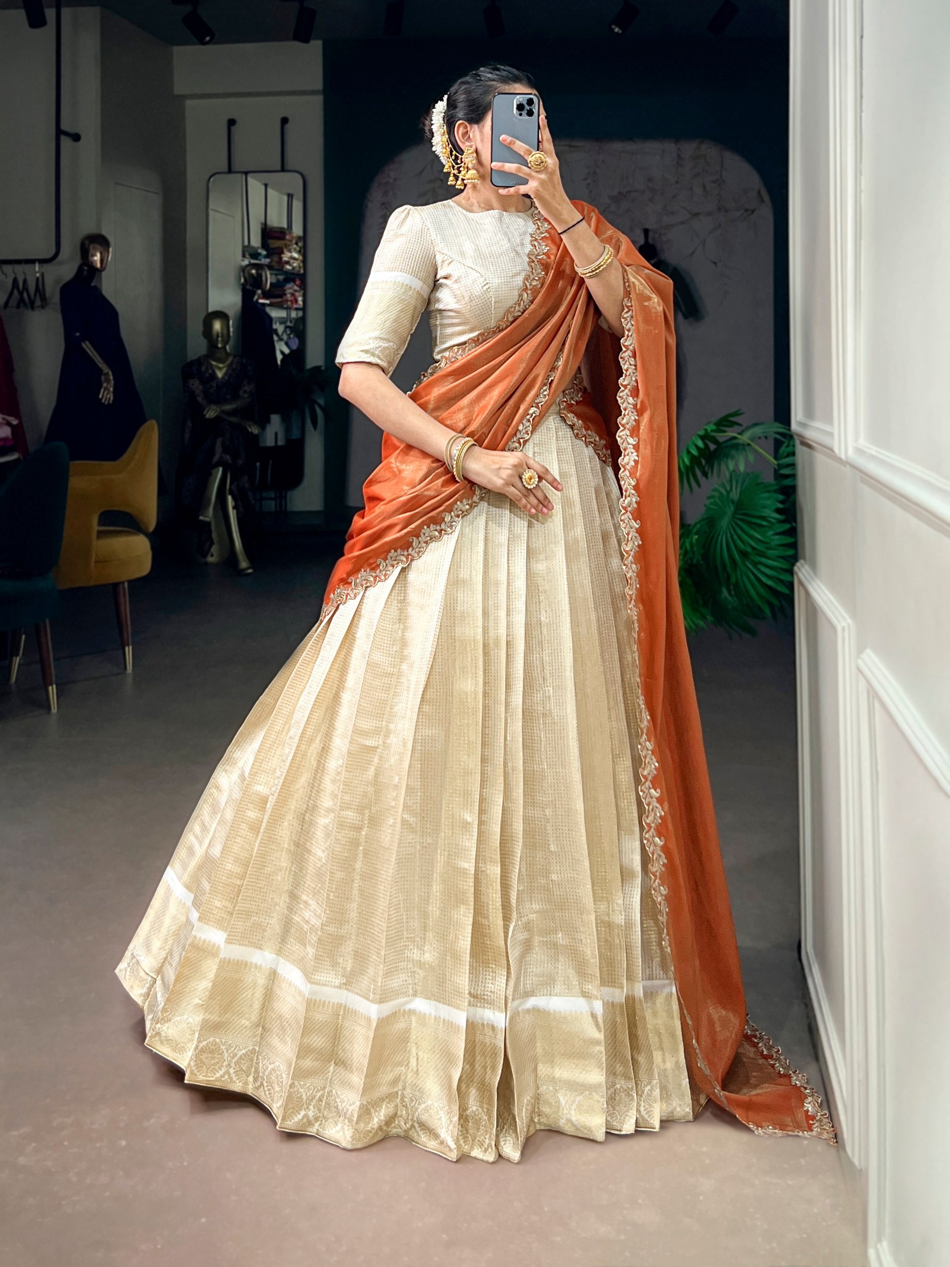 Orange Pure Jacquard Chex With Rich Zari Weaving Work South Indian Lehenga Choli