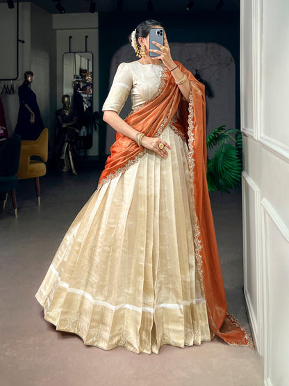 Orange Pure Jacquard Chex With Rich Zari Weaving Work South Indian Lehenga Choli