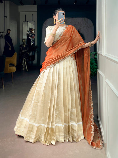 Orange Pure Jacquard Chex With Rich Zari Weaving Work South Indian Lehenga Choli