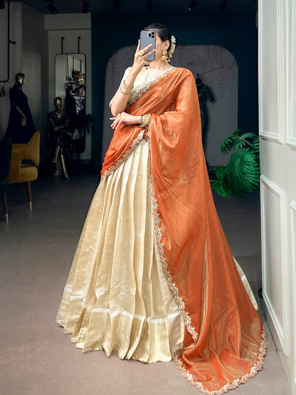 Orange Pure Jacquard Chex With Rich Zari Weaving Work South Indian Lehenga Choli