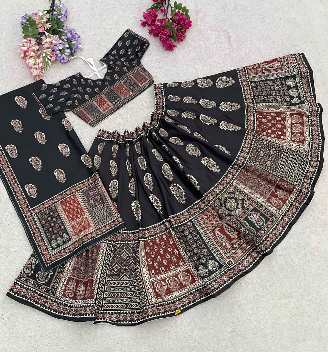 Black Pure Heavy Silk Digital Ajarak Print Kid&