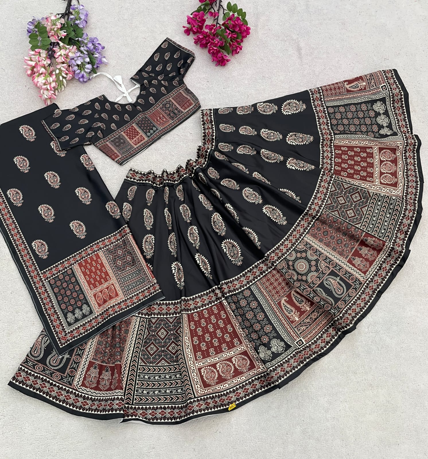 Black Pure Heavy Silk Digital Ajarak Print Kid&