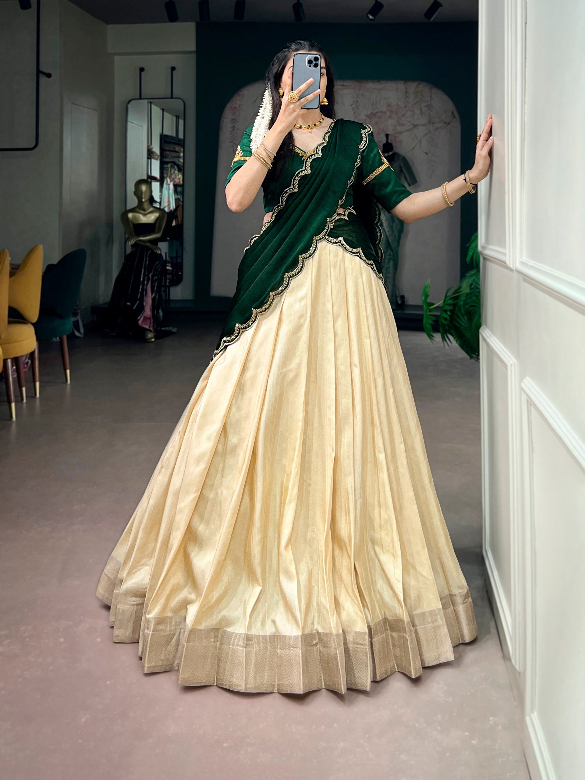 Green Pure Poly Kotha Tasar Rich Zari Weaving Work South Indian Lehenga Choli