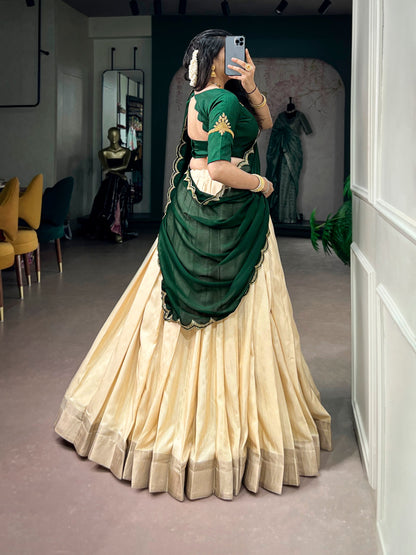 Green Pure Poly Kotha Tasar Rich Zari Weaving Work South Indian Lehenga Choli