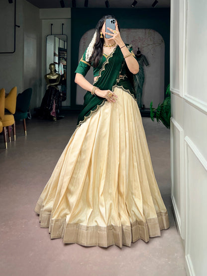 Green Pure Poly Kotha Tasar Rich Zari Weaving Work South Indian Lehenga Choli
