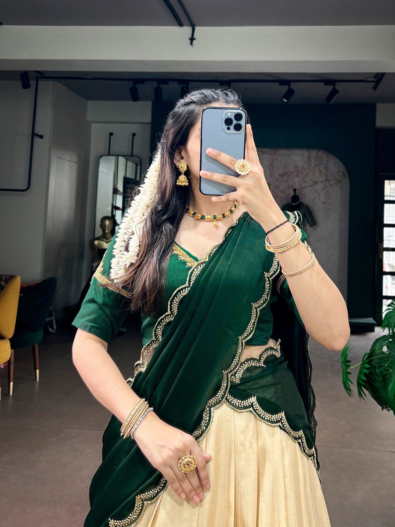 Green Pure Poly Kotha Tasar Rich Zari Weaving Work South Indian Lehenga Choli