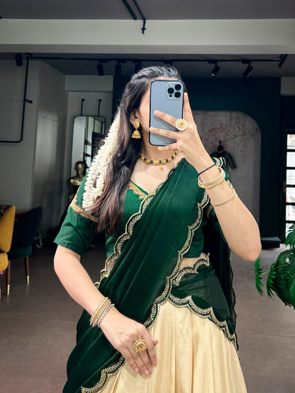 Green Pure Poly Kotha Tasar Rich Zari Weaving Work South Indian Lehenga Choli