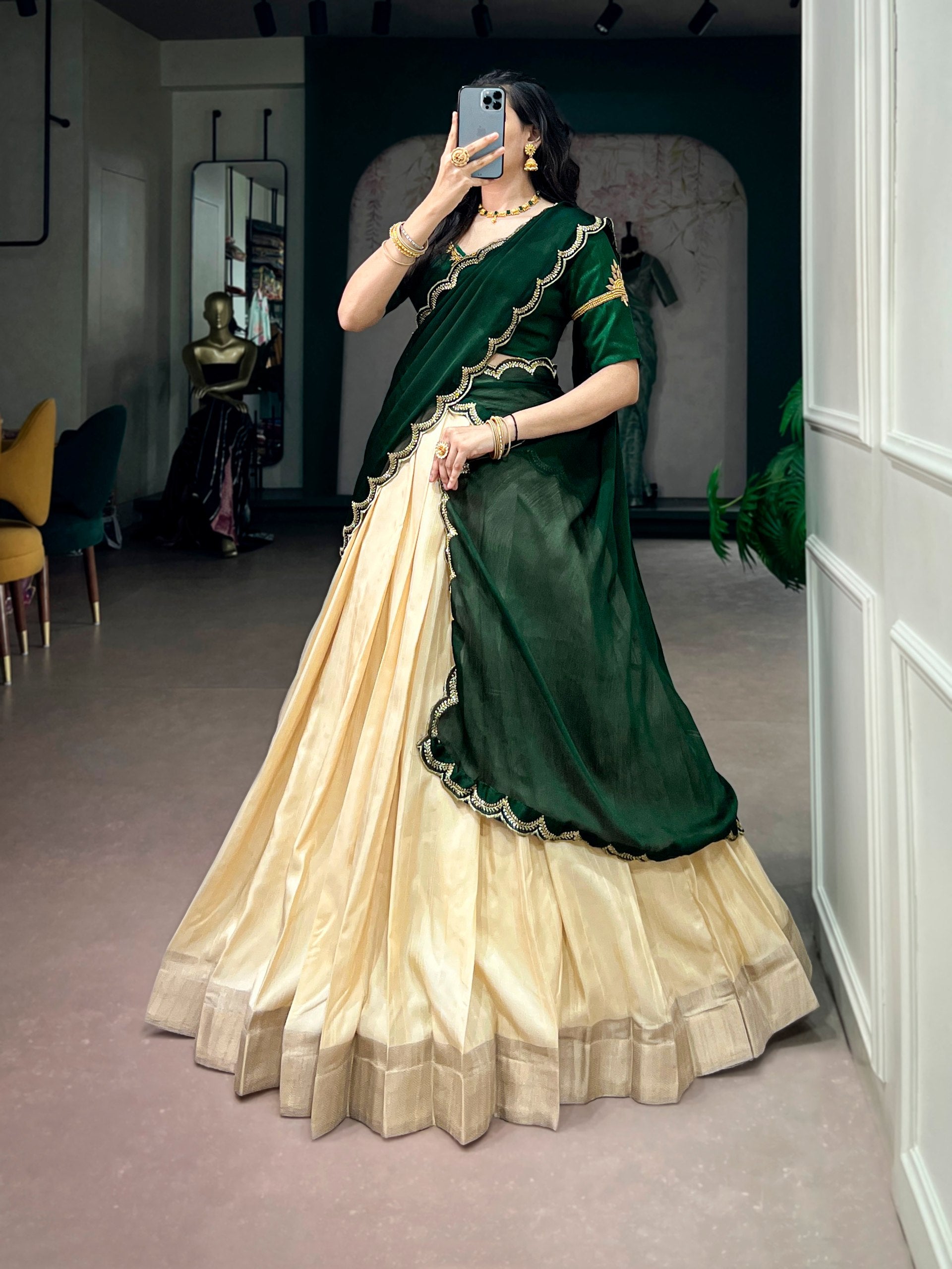 Green Pure Poly Kotha Tasar Rich Zari Weaving Work South Indian Lehenga Choli