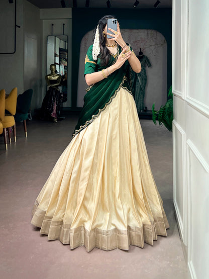 Green Pure Poly Kotha Tasar Rich Zari Weaving Work South Indian Lehenga Choli