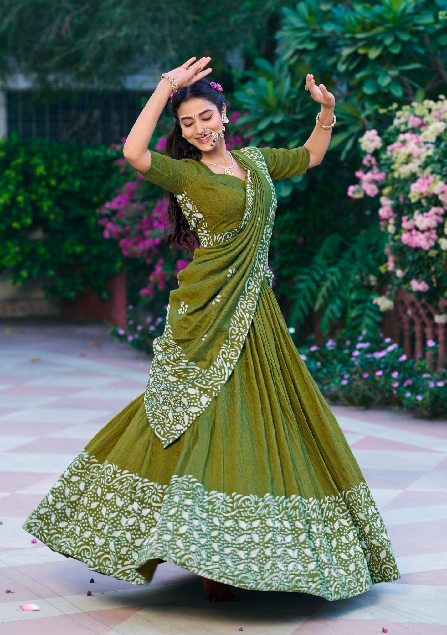 Parrot Pure Lightweight Cotton Chanderi Natural Batik Printed Lehenga Choli