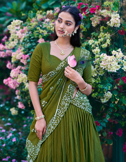 Parrot Pure Lightweight Cotton Chanderi Natural Batik Printed Lehenga Choli