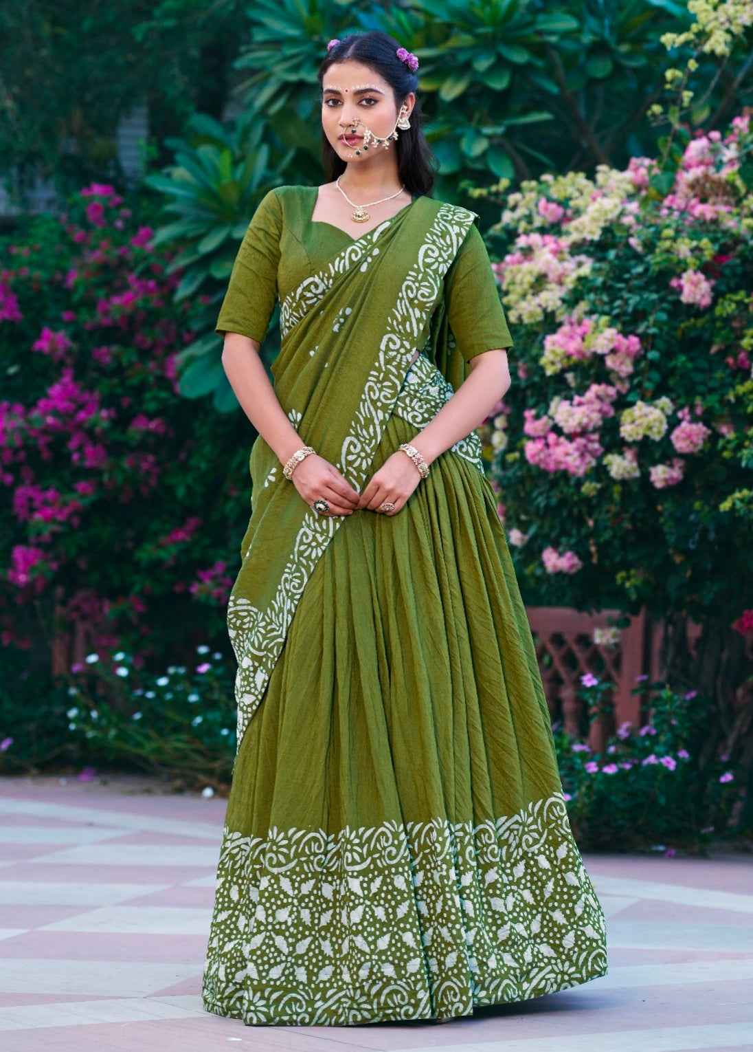 Parrot Pure Lightweight Cotton Chanderi Natural Batik Printed Lehenga Choli