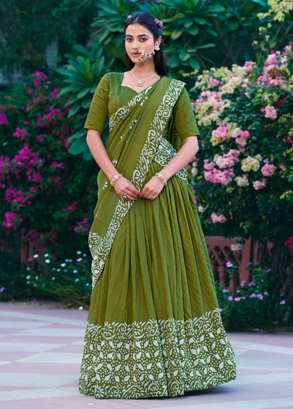 Parrot Pure Lightweight Cotton Chanderi Natural Batik Printed Lehenga Choli