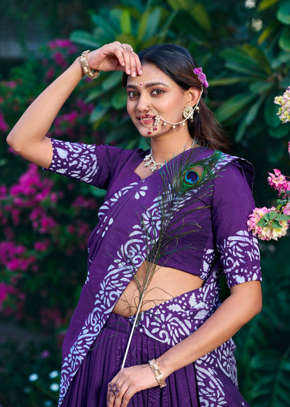 Purple Pure Lightweight Cotton Chanderi Natural Batik Printed Lehenga Choli