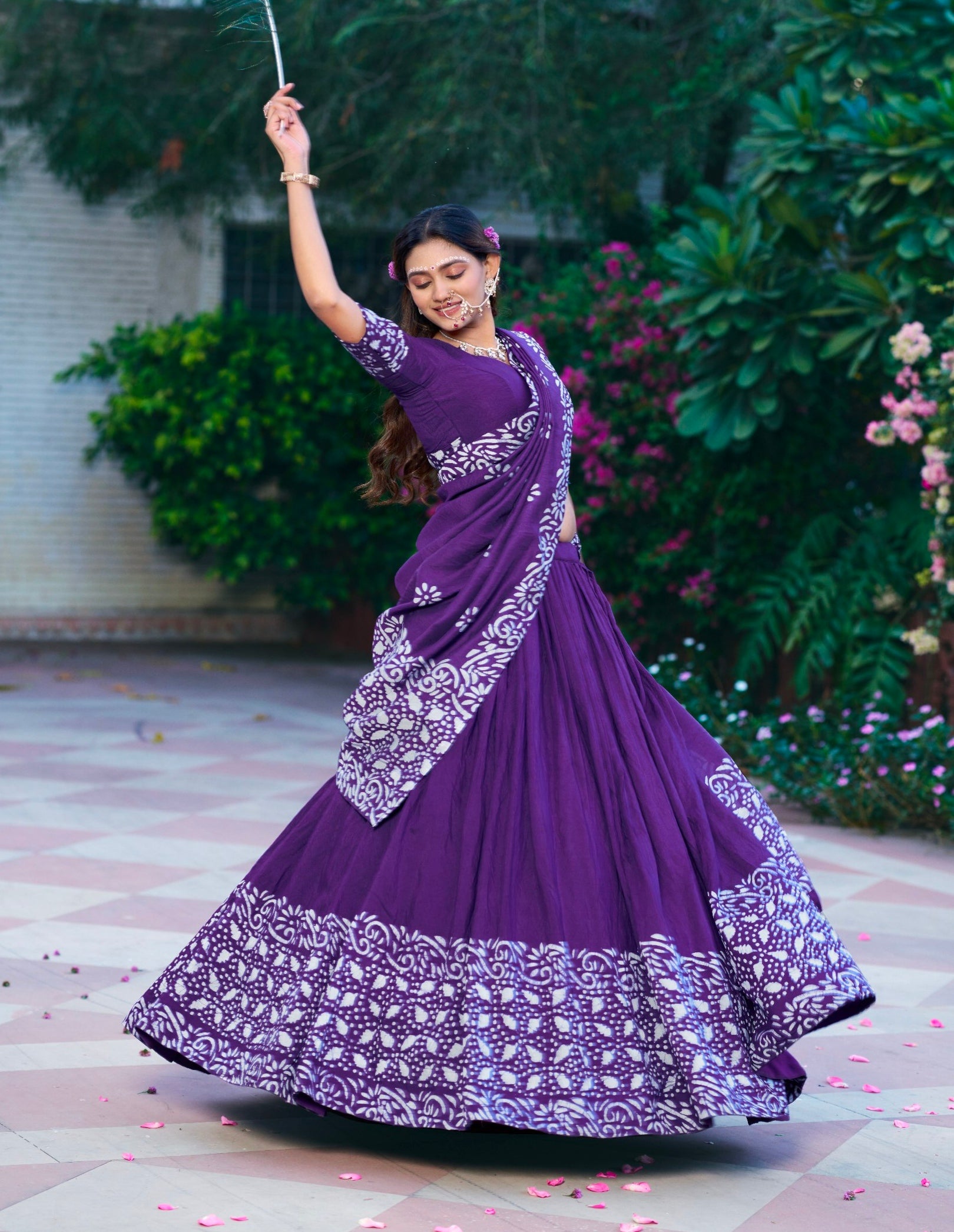 Purple Pure Lightweight Cotton Chanderi Natural Batik Printed Lehenga Choli
