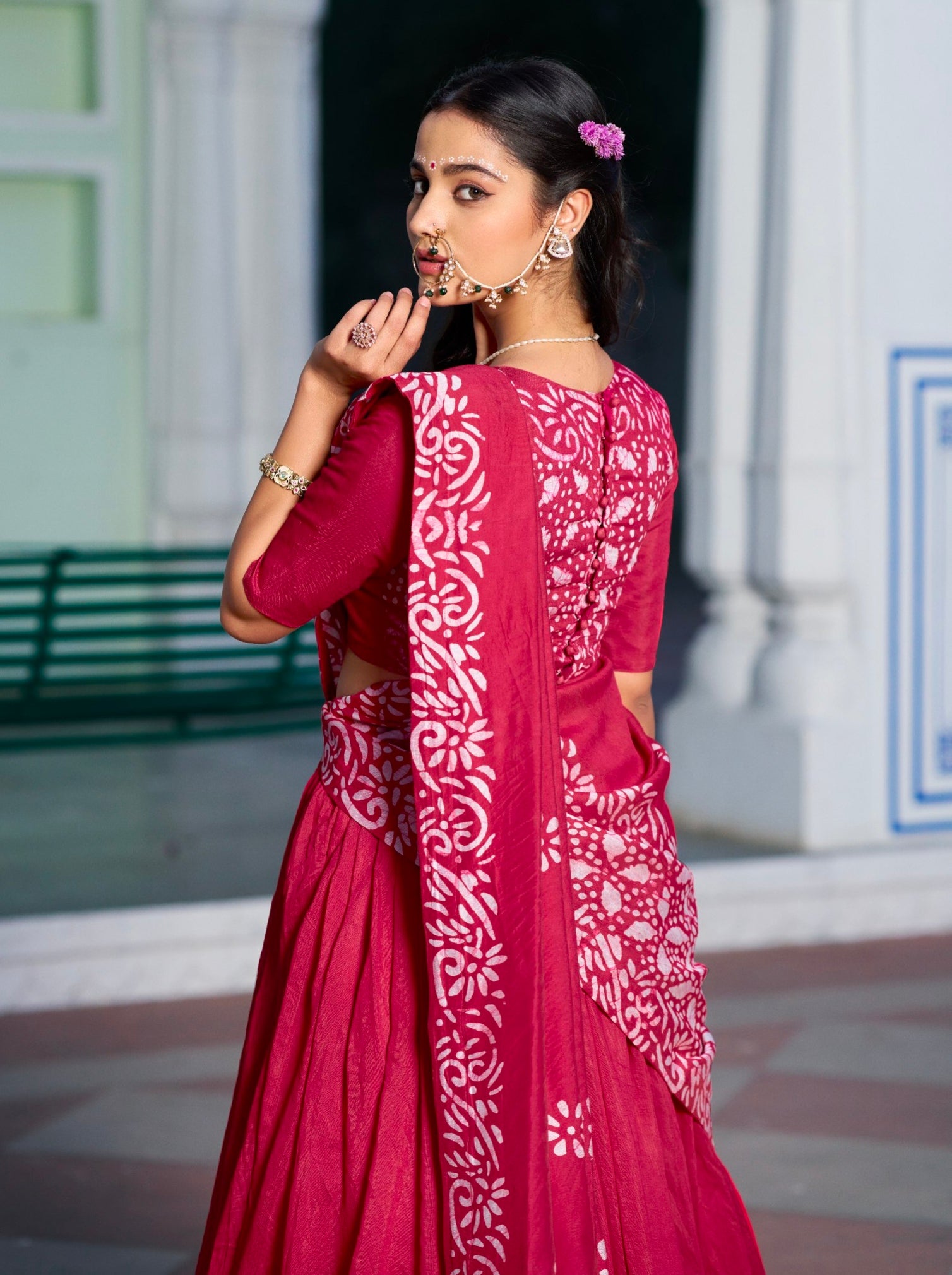 Rani Pink Pure Lightweight Cotton Chanderi Natural Batik Printed Lehenga Choli