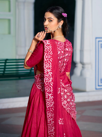 Rani Pink Pure Lightweight Cotton Chanderi Natural Batik Printed Lehenga Choli