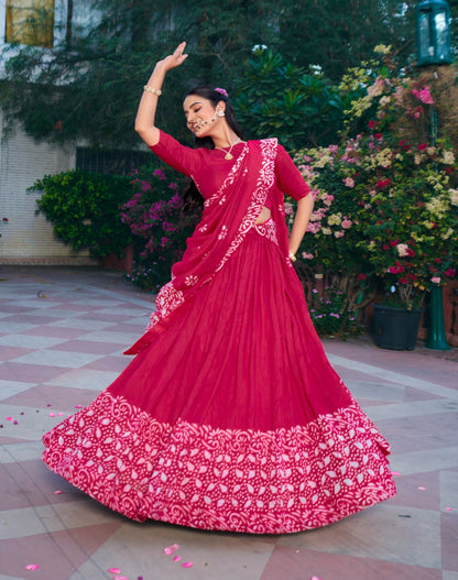 Rani Pink Pure Lightweight Cotton Chanderi Natural Batik Printed Lehenga Choli
