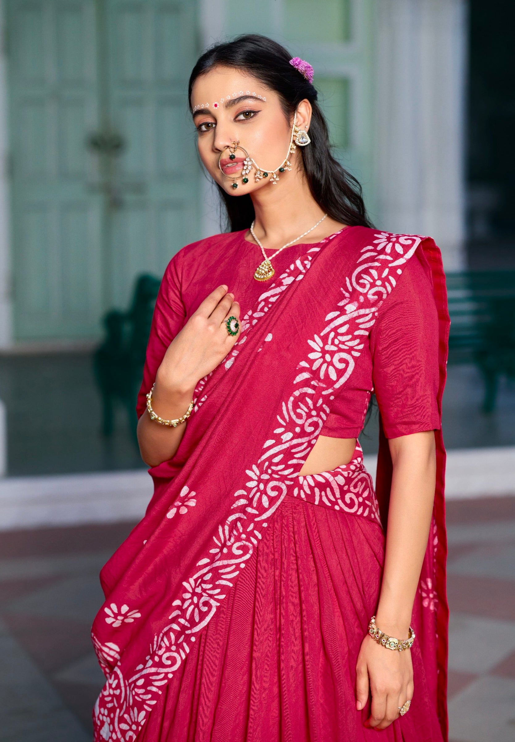 Rani Pink Pure Lightweight Cotton Chanderi Natural Batik Printed Lehenga Choli