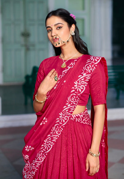 Rani Pink Pure Lightweight Cotton Chanderi Natural Batik Printed Lehenga Choli