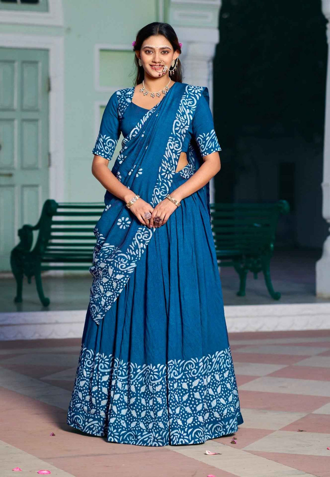 Navy Blue Pure Lightweight Cotton Chanderi Natural Batik Printed Lehenga Choli