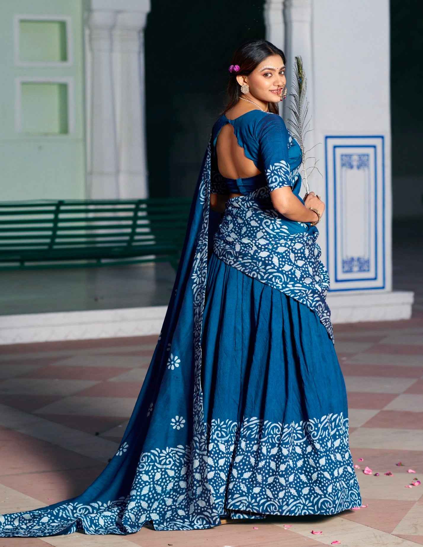 Navy Blue Pure Lightweight Cotton Chanderi Natural Batik Printed Lehenga Choli