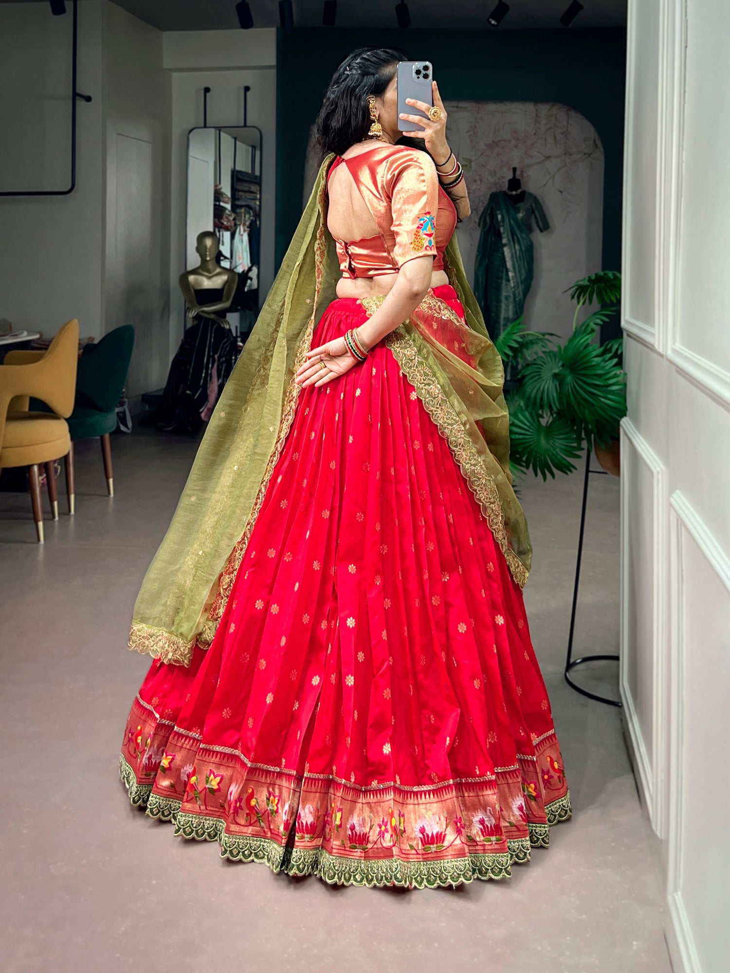 Red Pure Jacquard Silk Paithani Zari Weaving Work South Indian Lehenga Choli