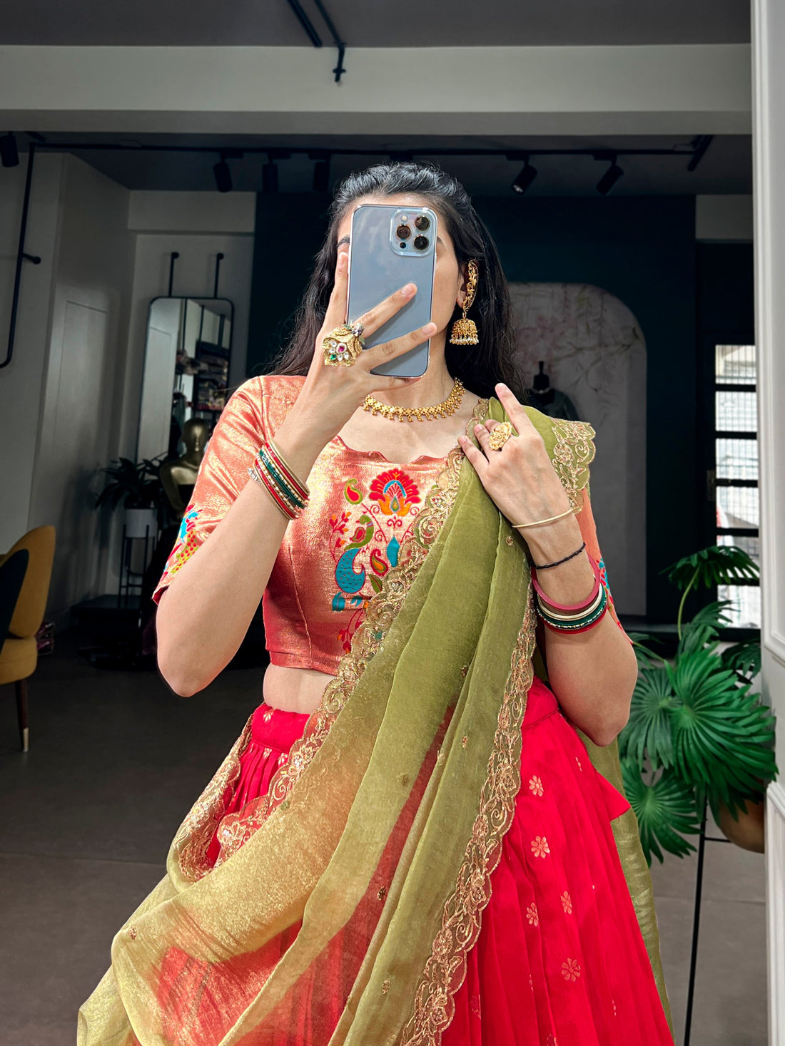 Red Pure Jacquard Silk Paithani Zari Weaving Work South Indian Lehenga Choli