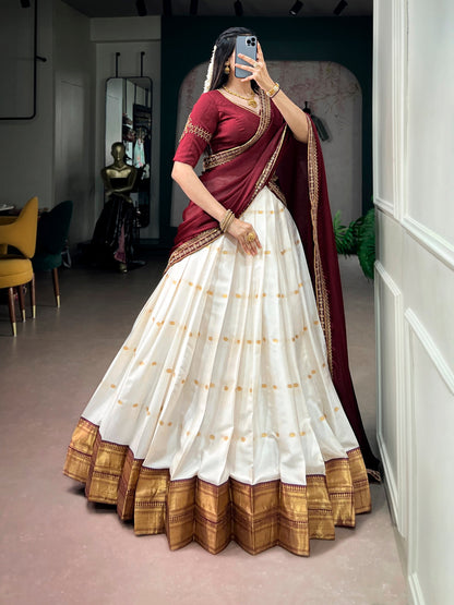 Maroon Pure Silk Cotton Fabric with Zari Weaving Work South Indian Lehenga Choli