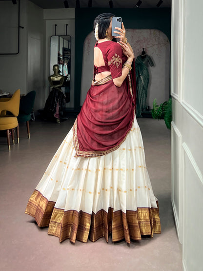 Maroon Pure Silk Cotton Fabric with Zari Weaving Work South Indian Lehenga Choli