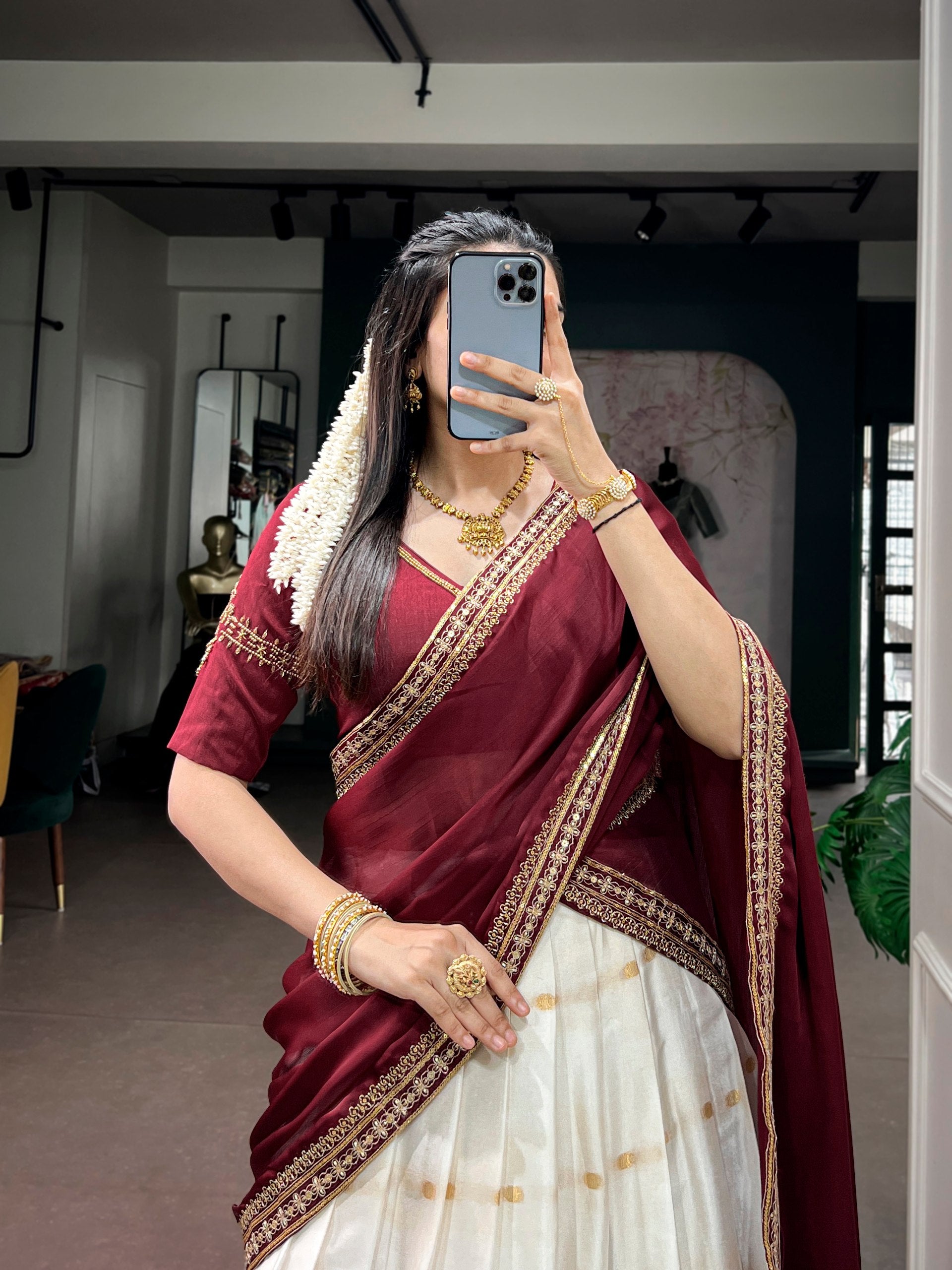 Maroon Pure Silk Cotton Fabric with Zari Weaving Work South Indian Lehenga Choli