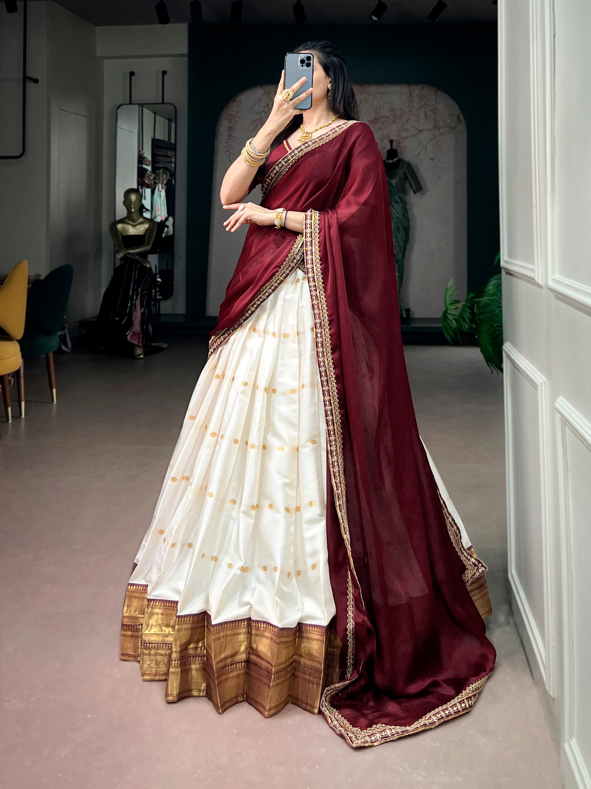 Maroon Pure Silk Cotton Fabric with Zari Weaving Work South Indian Lehenga Choli
