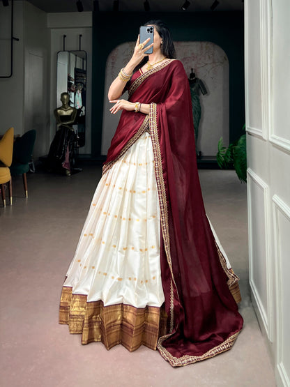 Maroon Pure Silk Cotton Fabric with Zari Weaving Work South Indian Lehenga Choli