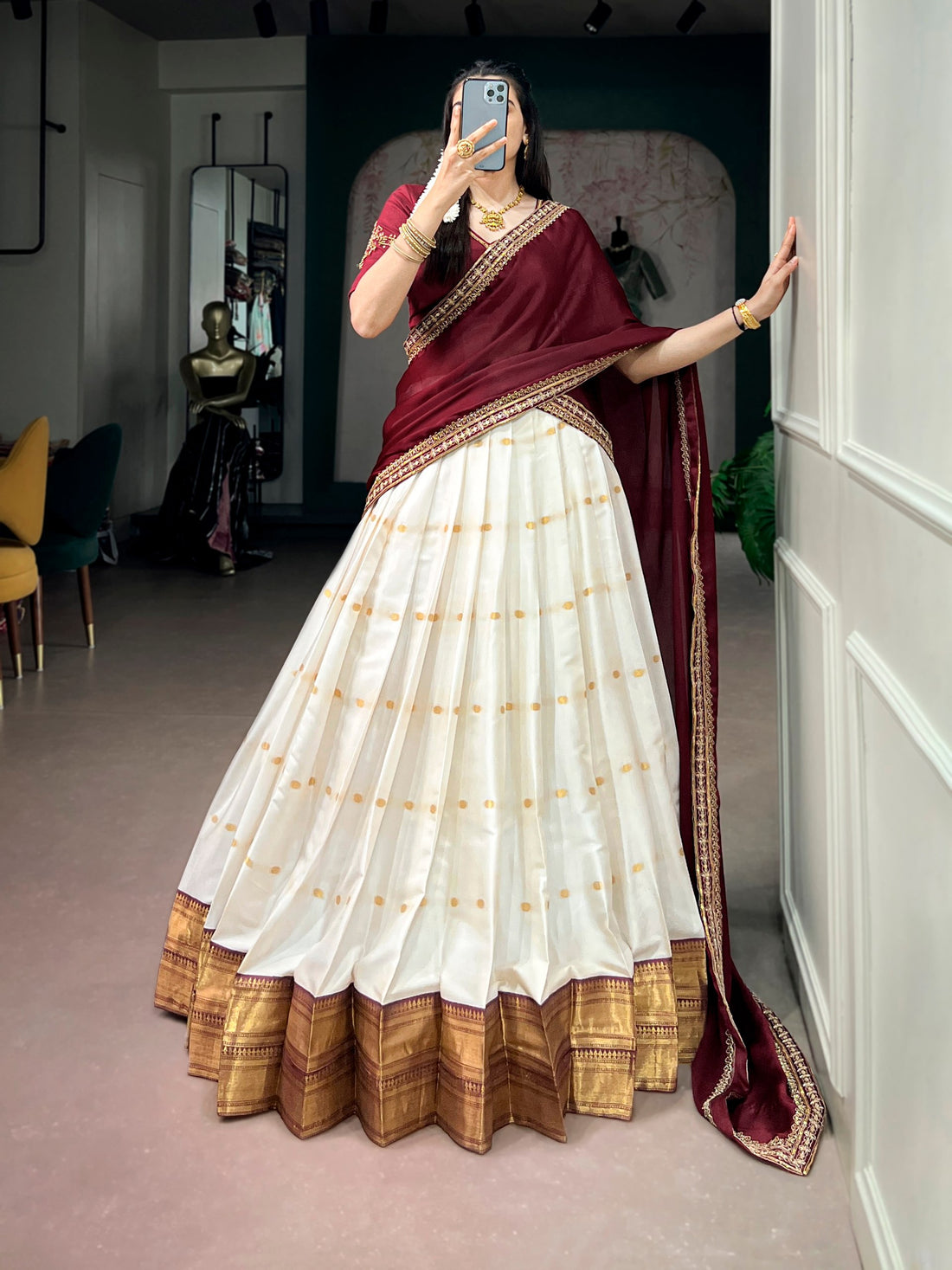 Maroon Pure Silk Cotton Fabric with Zari Weaving Work South Indian Lehenga Choli