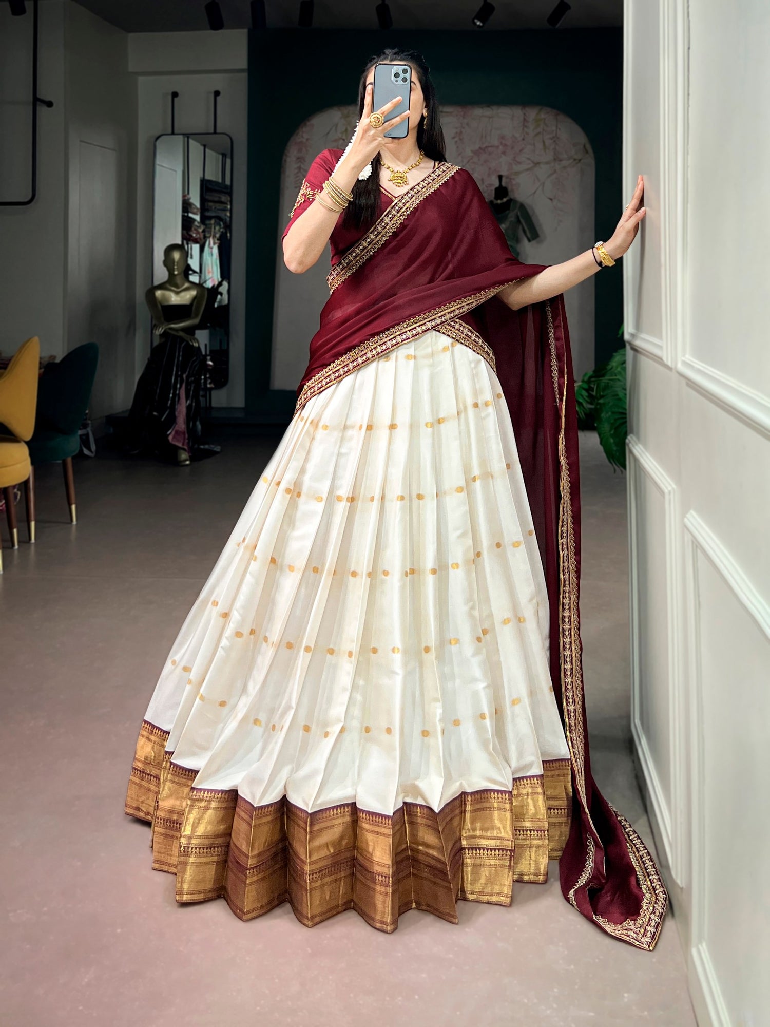 Maroon Pure Silk Cotton Fabric with Zari Weaving Work South Indian Lehenga Choli