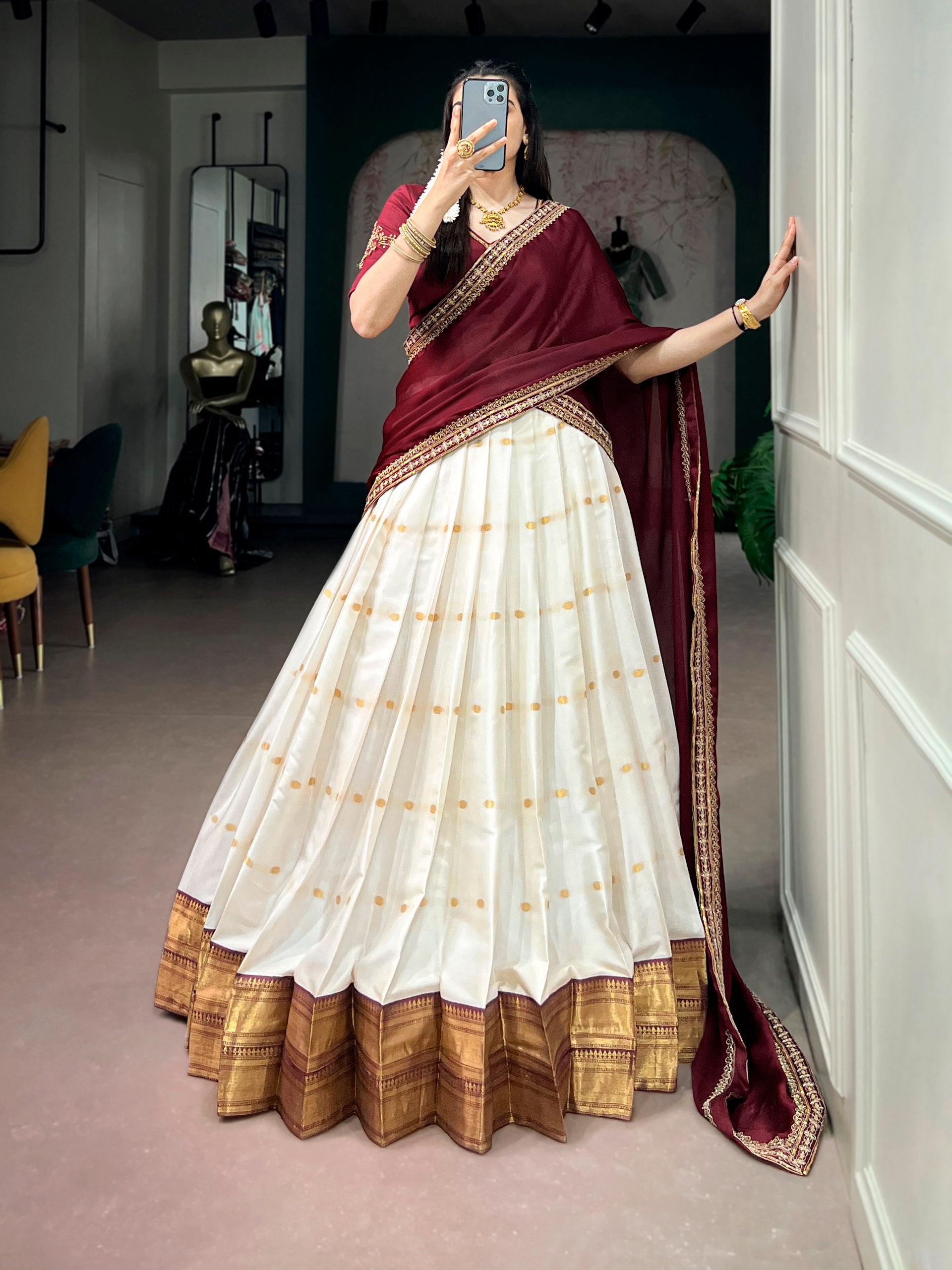 Maroon Pure Silk Cotton Fabric with Zari Weaving Work South Indian Lehenga Choli