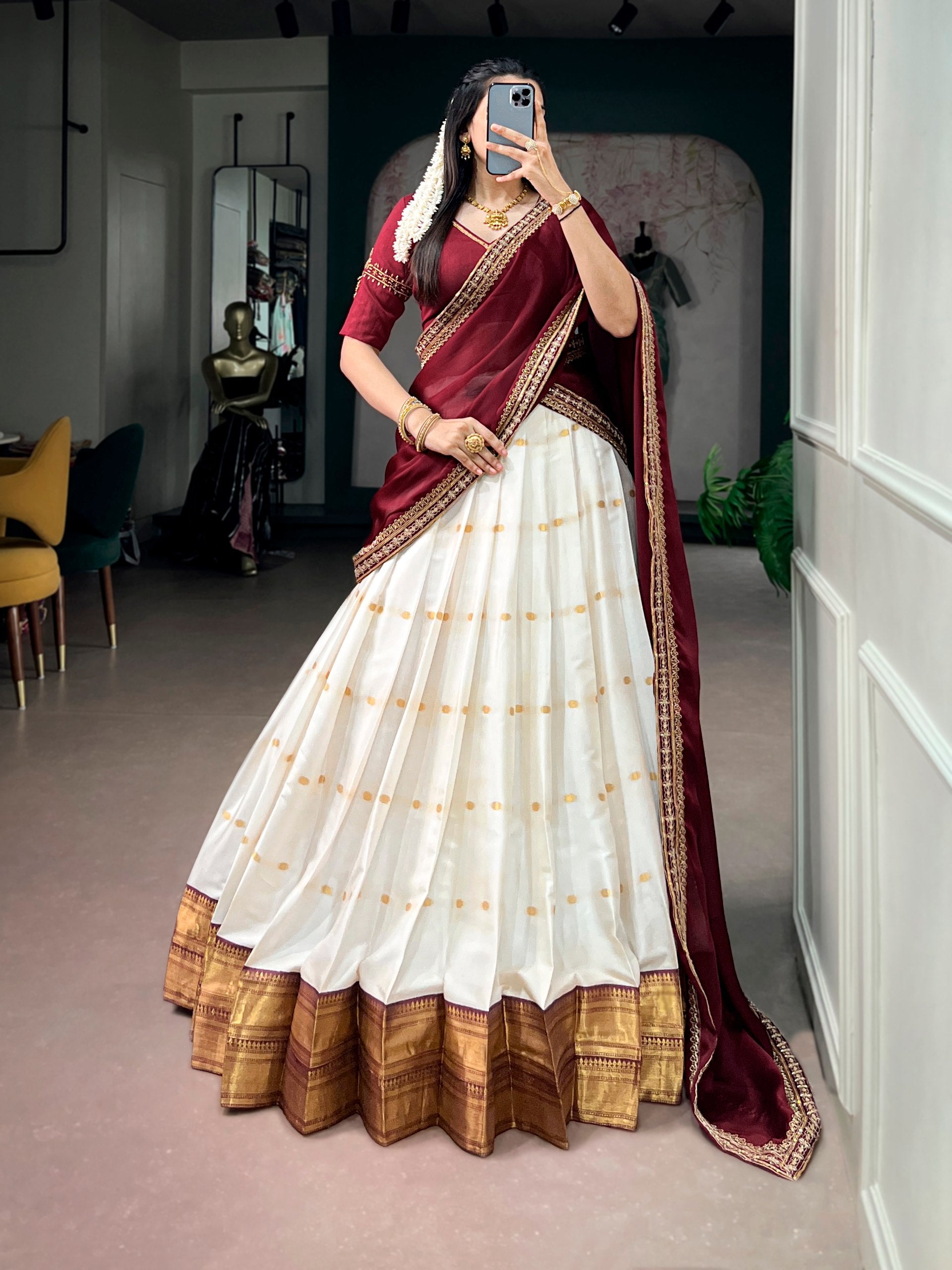 Maroon Pure Silk Cotton Fabric with Zari Weaving Work South Indian Lehenga Choli