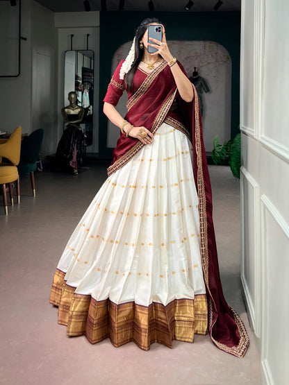 Maroon Pure Silk Cotton Fabric with Zari Weaving Work South Indian Lehenga Choli