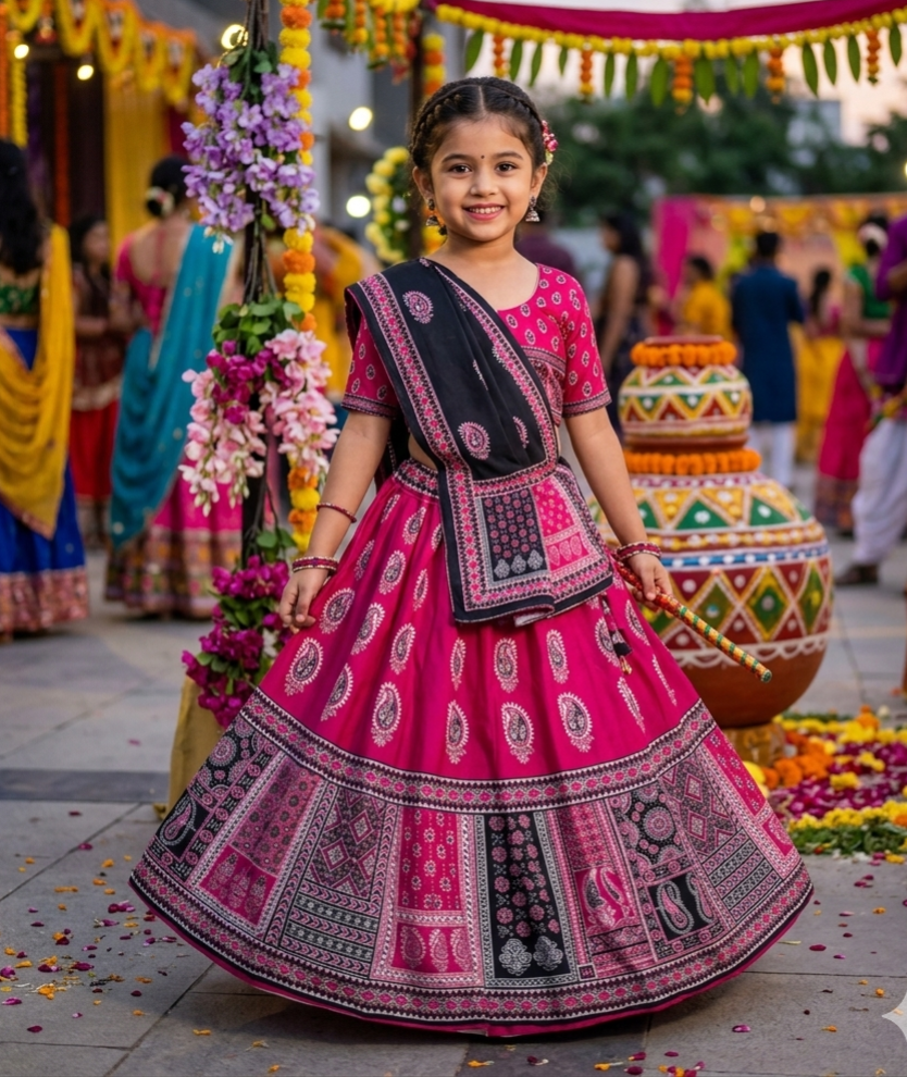 Rani Pink Pure Heavy Silk Digital Ajarak Print Kid&