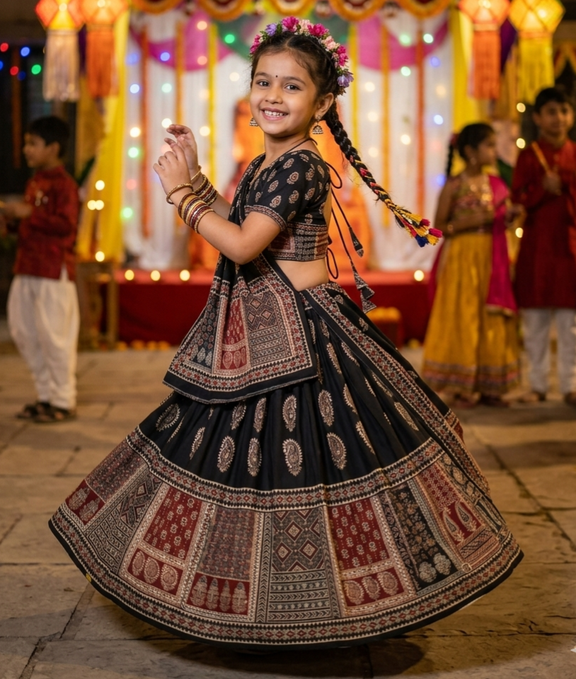 Black Pure Heavy Silk Digital Ajarak Print Kid&