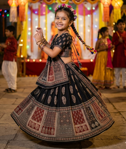 Black Pure Heavy Silk Digital Ajarak Print Kid&