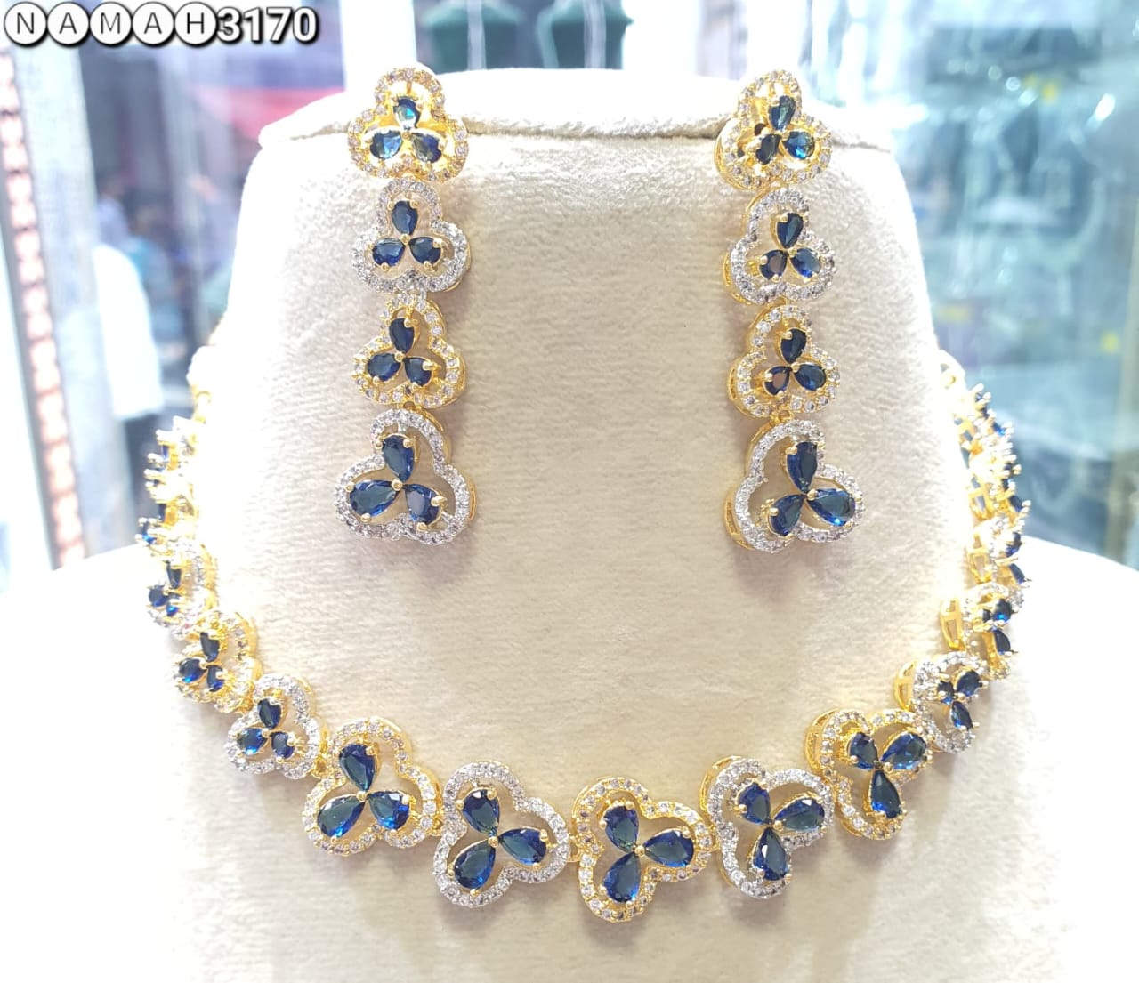 Navy Blue American Gold Diamond Necklace Set