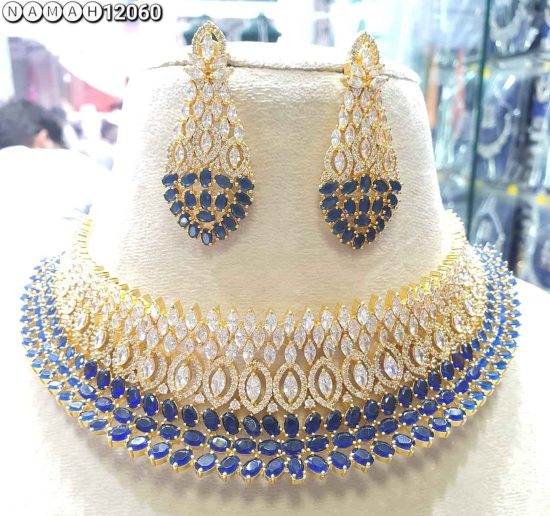 Navy Blue American Gold Diamond Necklace Set
