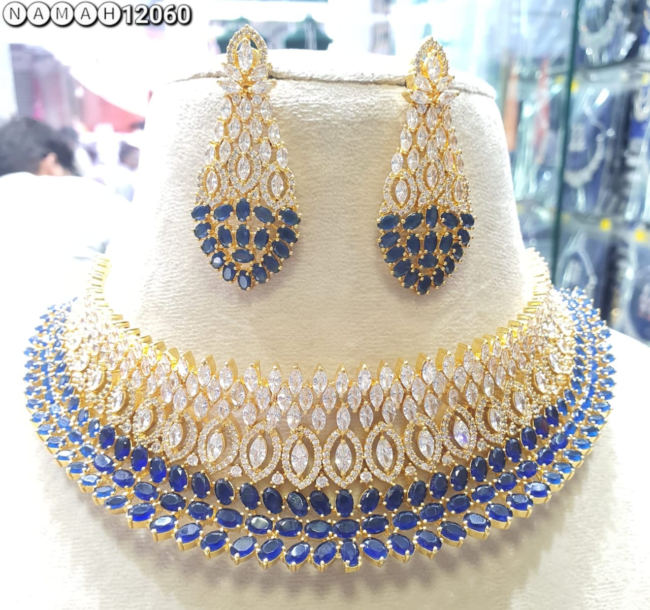 Navy Blue American Gold Diamond Necklace Set