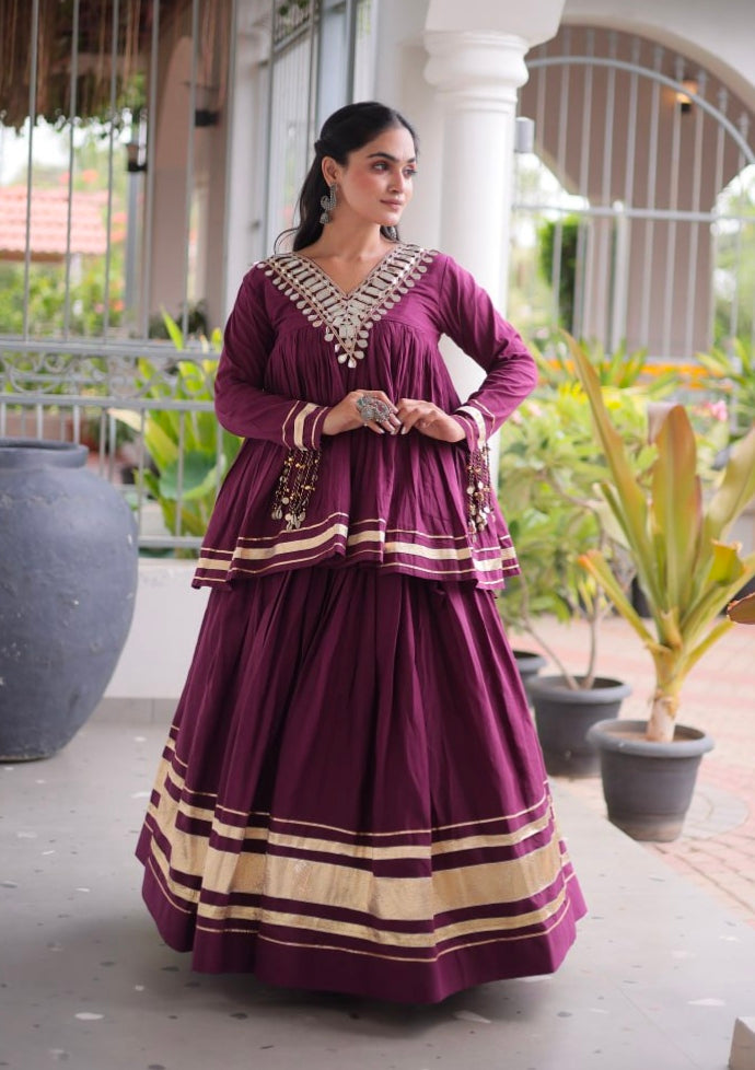 Wine Pure Kora Cotton with Zari Patta &amp; Gota Patti Lace Work Navratri Lehenga Choli