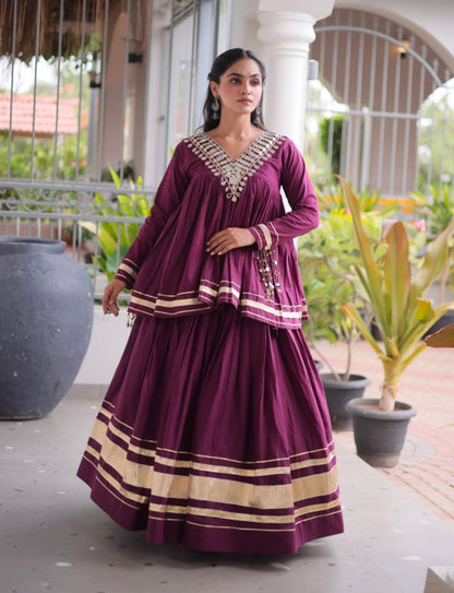Wine Pure Kora Cotton with Zari Patta &amp; Gota Patti Lace Work Navratri Lehenga Choli