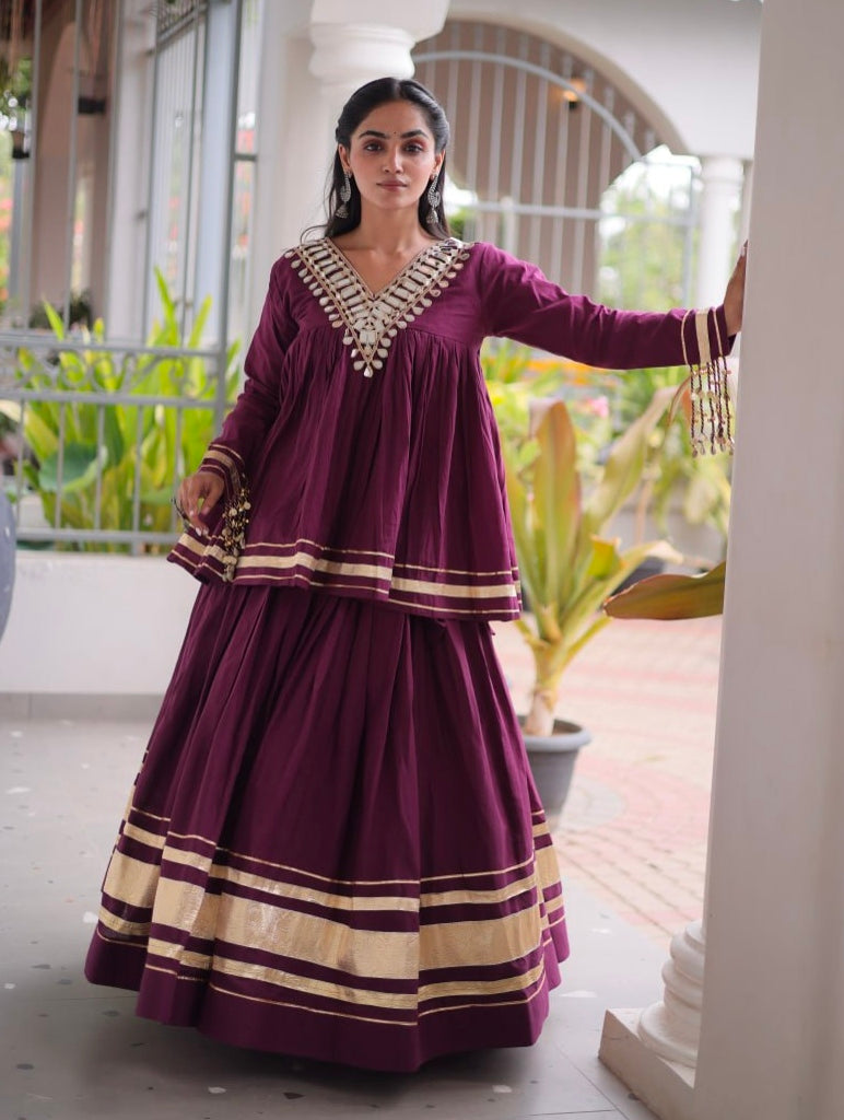 Wine Pure Kora Cotton with Zari Patta &amp; Gota Patti Lace Work Navratri Lehenga Choli